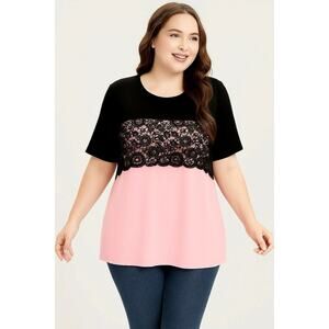 2X 18 20 Plus Size BloomChic Lace Panel Short Sleeve Top T-shirt stretchy